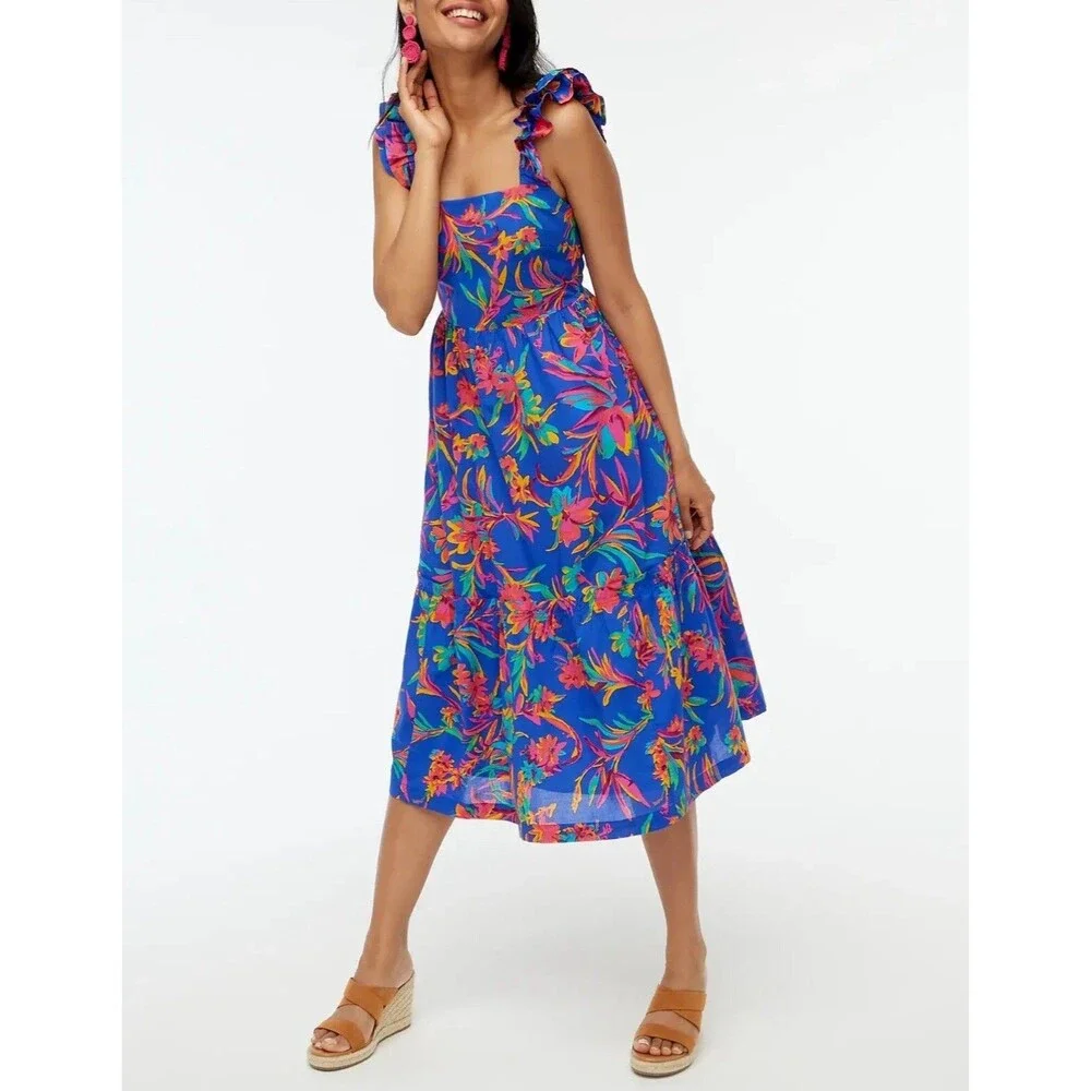 J Crew Women Midi Dress Blue Floral Cotton Preppy Boho Vacay Resort Size 4 NWT